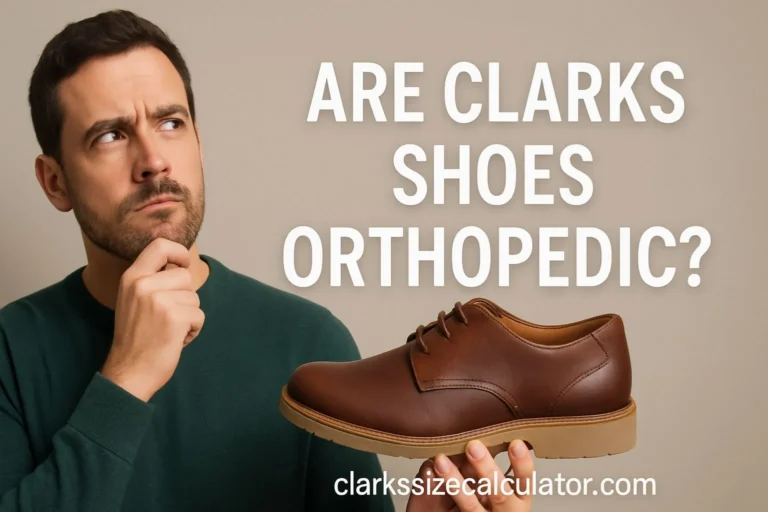 A man in a green sweater holds a brown Clarks shoe and looks thoughtfully to the side. The text "Are Clarks shoes orthopedic?" appears beside him, with the website clarkssizecalculator.com subtly placed at the bottom.